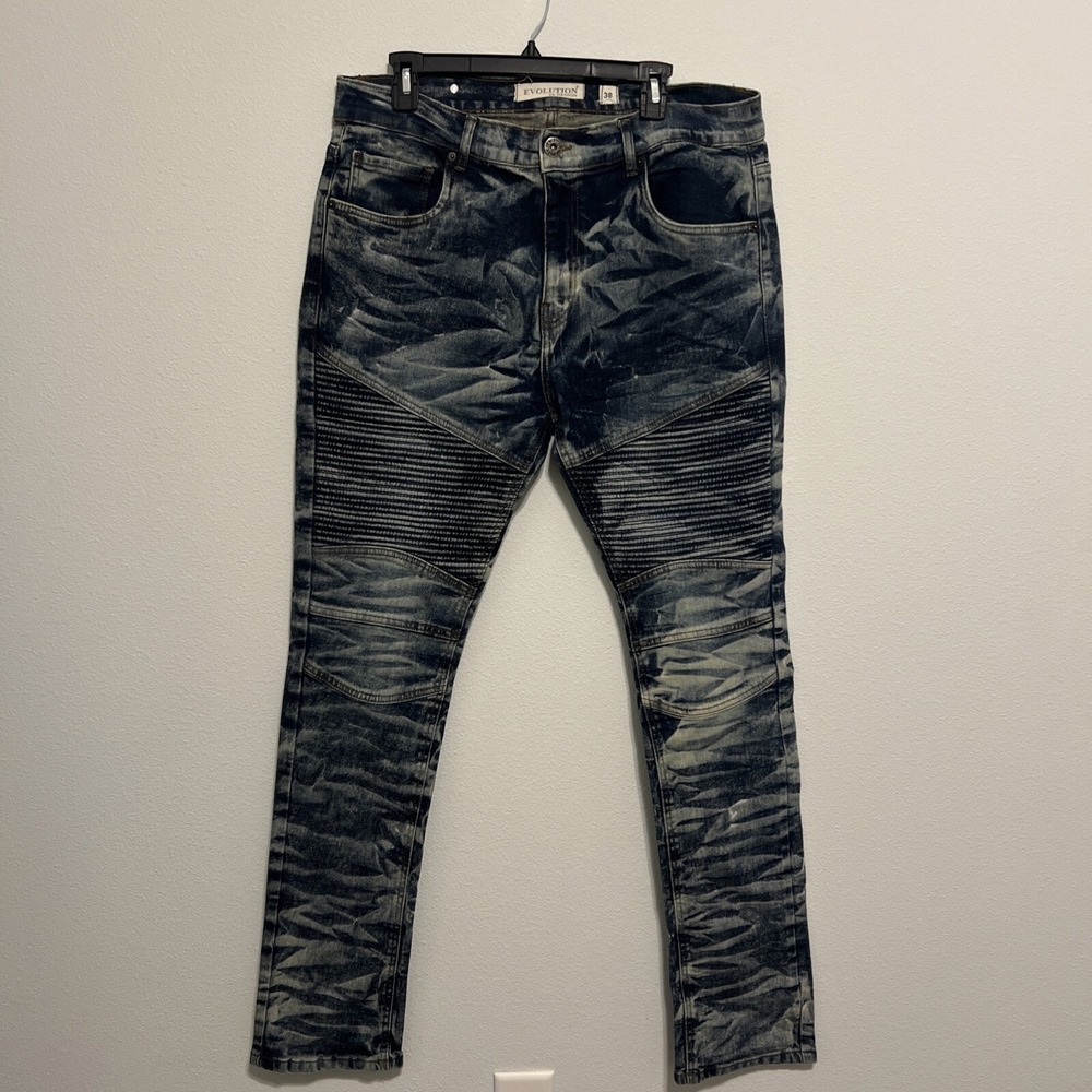 Evolution By Design Jeans Mens 38x32 Drk Distressed Acid Wash Stretch Moto Denim